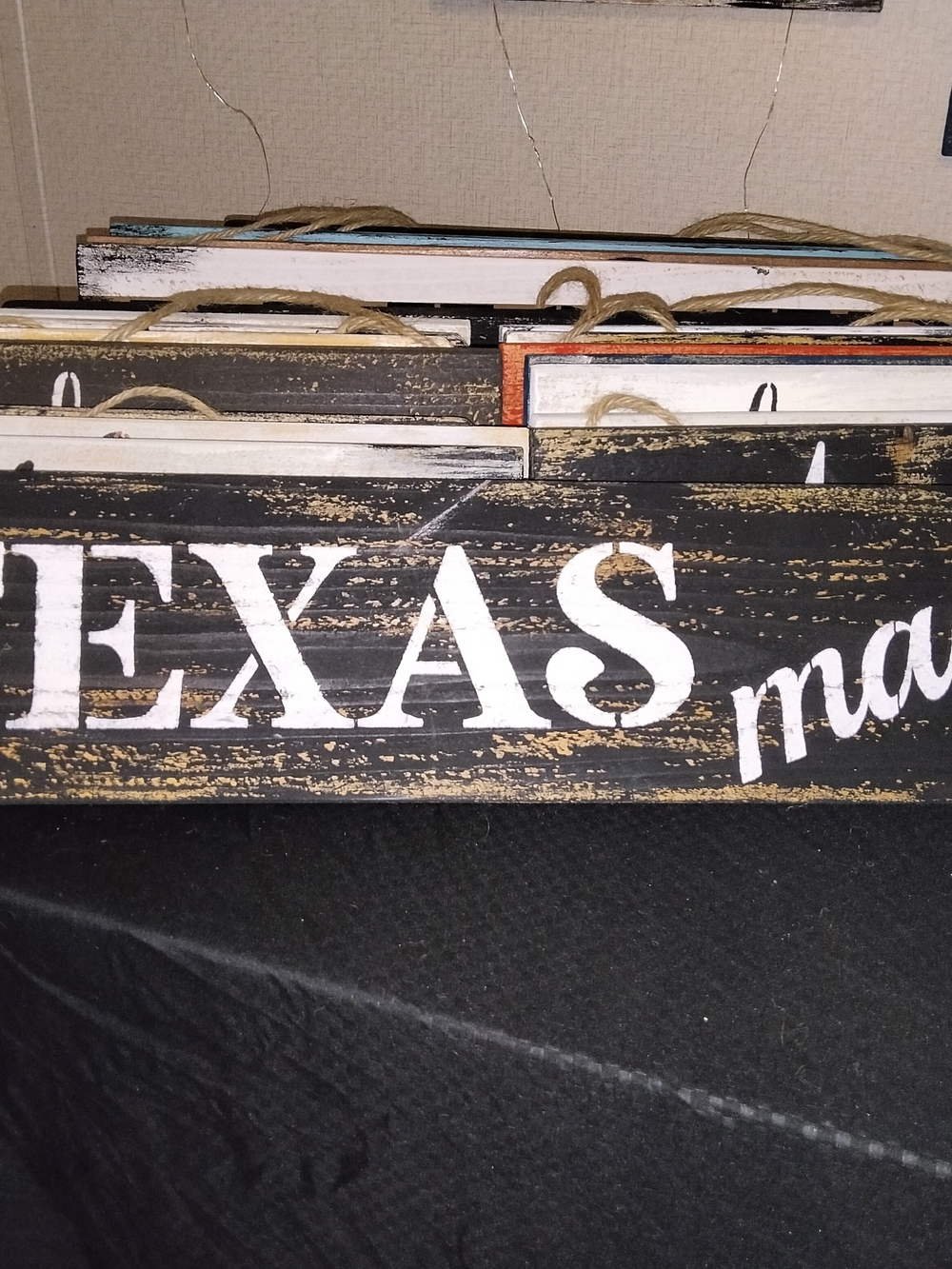 Handmade Rustic Painted Wood Hanging Sign "TEXAS Made" Black/White 24x5.5"